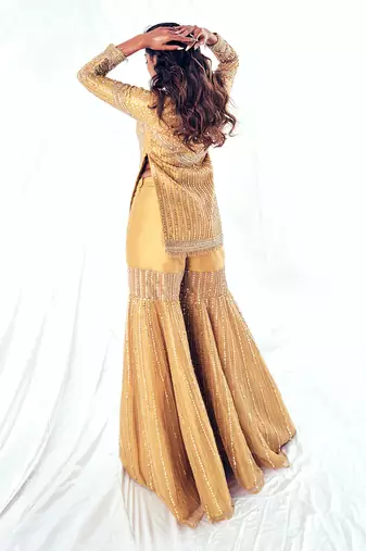 Gold net embroidery gharara set
