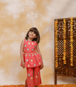 Budding bees girls cotton aari embroidered set-orange