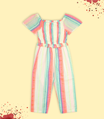 Budding bees girls cotton striped smocked jumpsuit-white