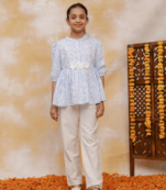 Budding bees girls 3/4 sleeve top -solid pant set-blue & white
