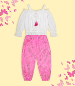 Budding bees girls cotton blouse-pant set- white & pink