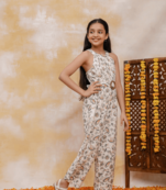 Budding bees girls paisey printed holter neck jumpsuit-off white