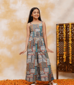 Budding bees girls geomatric printed cotton jumpsuit-blue