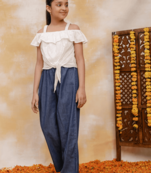 Budding bees girls solid denim tie-knot jumpsuit-white & blue