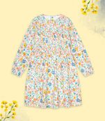 Budding bees girls all over printed smocked dress-off white