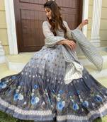 Grey Partywear Designer Chanderi Gown-Kurta and Dupatta Set