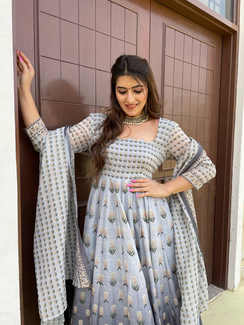 Grey Partywear Designer Chanderi Gown-Kurta and Dupatta Set