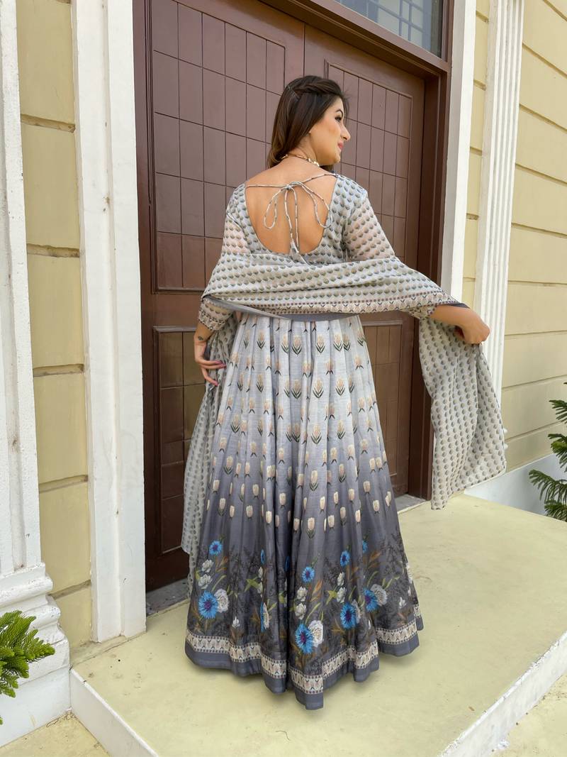 Grey Partywear Designer Chanderi Gown-Kurta and Dupatta Set