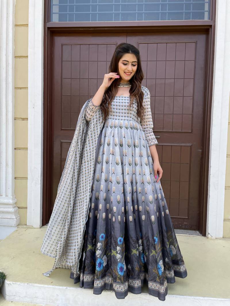 Grey Partywear Designer Chanderi Gown-Kurta and Dupatta Set