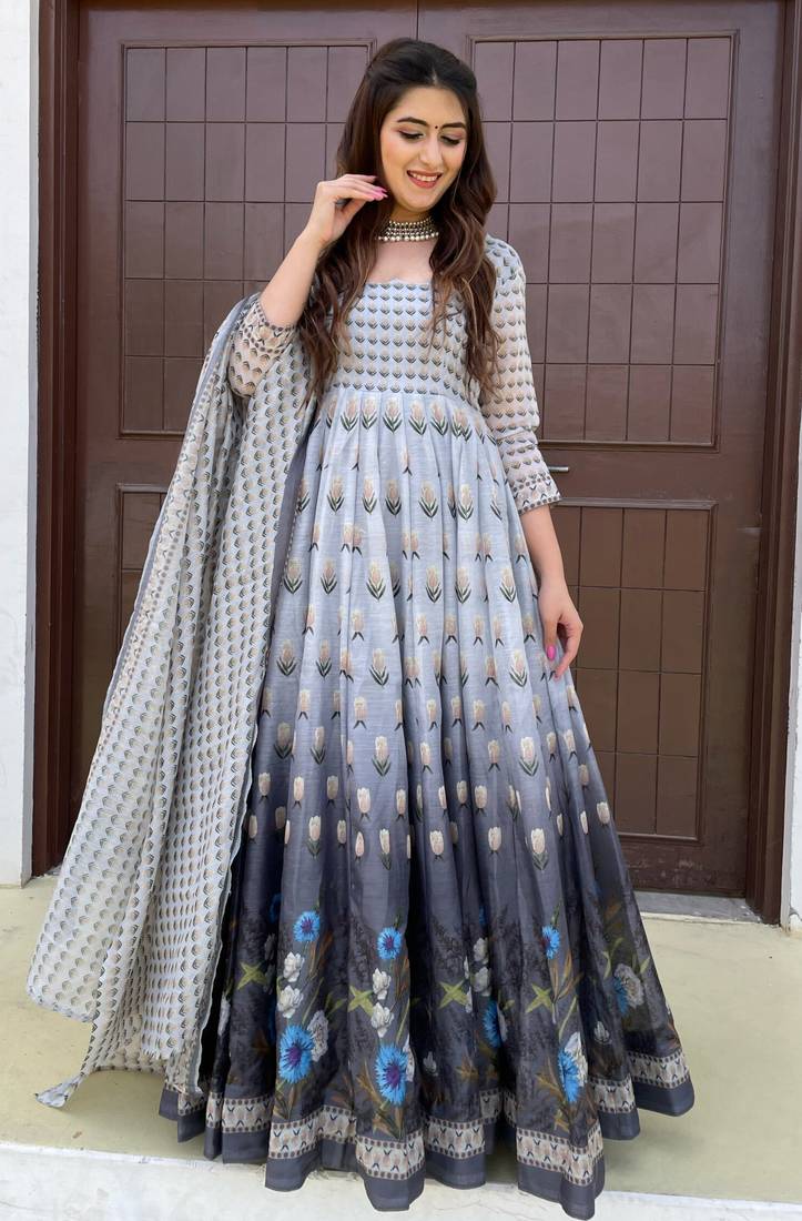 Grey Partywear Designer Chanderi Gown-Kurta and Dupatta Set
