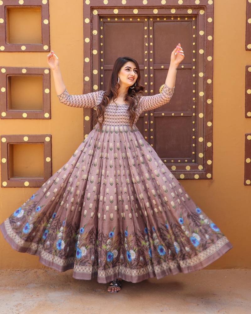 Pastelpink Partywear Designer Chanderi Gown-Kurta and Dupatta Set