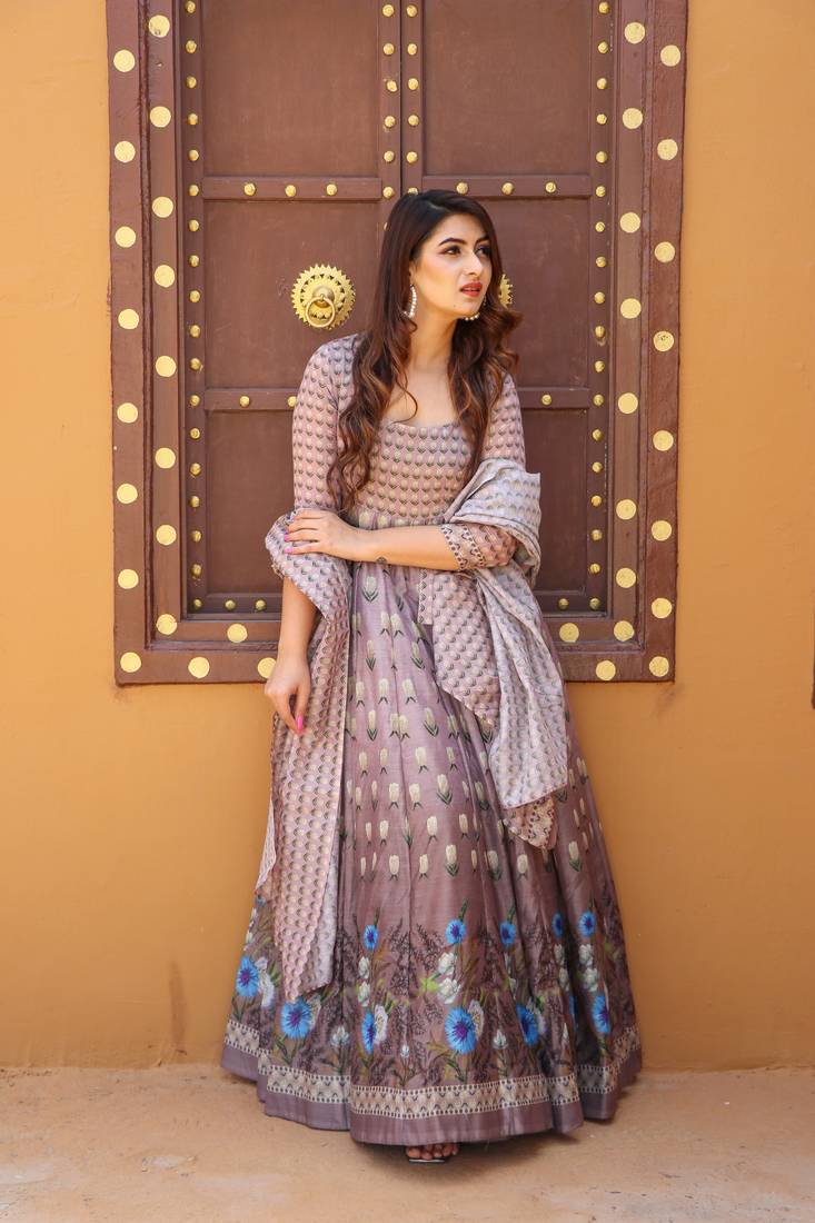 Pastelpink Partywear Designer Chanderi Gown-Kurta and Dupatta Set