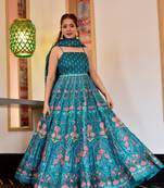 Teal Rama color Silk Cotton Designer Stitched Everywhere Suit With Dupatta Set