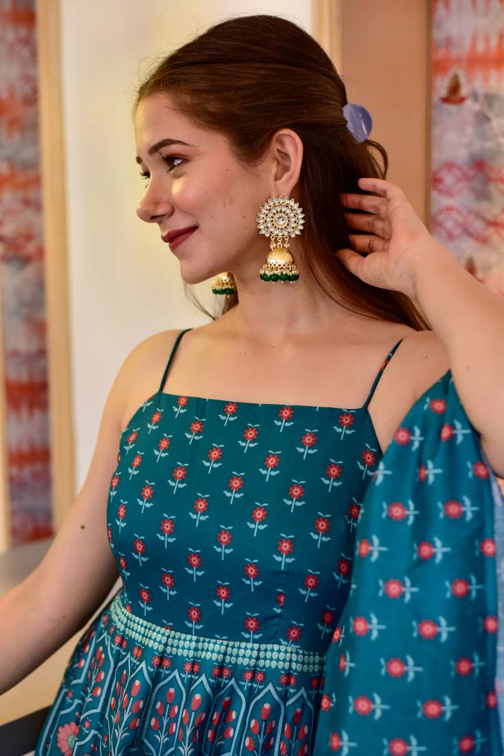 Teal Rama color Silk Cotton Designer Stitched Everywhere Suit With Dupatta Set