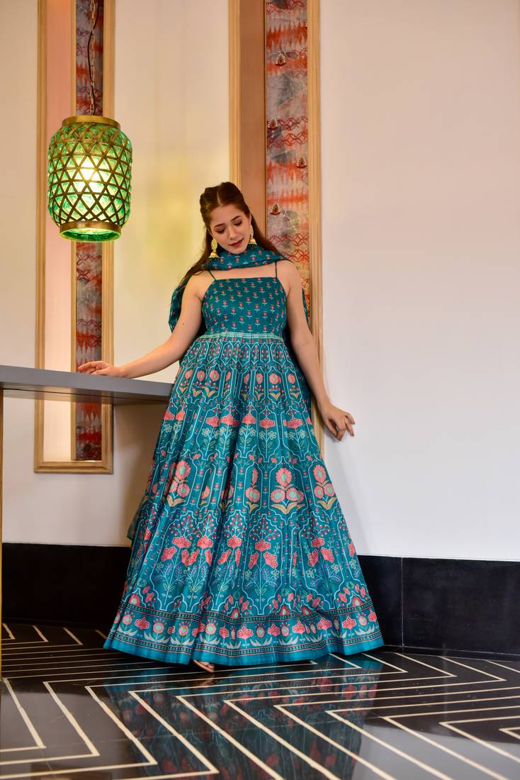 Teal Rama color Silk Cotton Designer Stitched Everywhere Suit With Dupatta Set