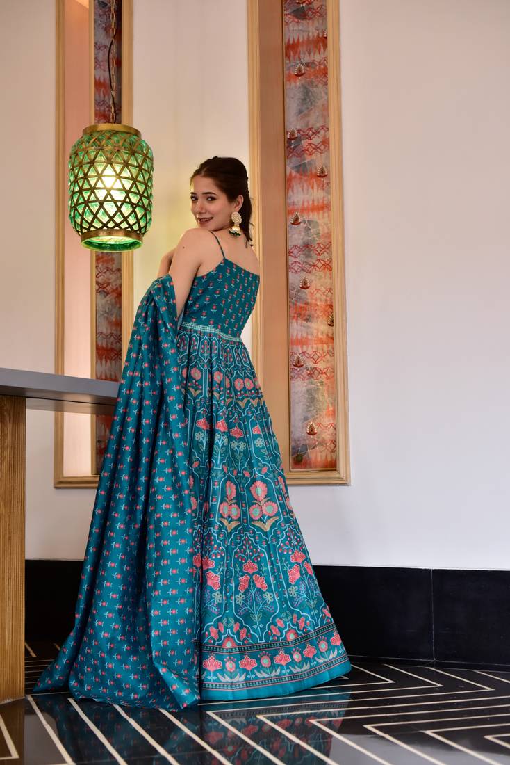 Teal Rama color Silk Cotton Designer Stitched Everywhere Suit With Dupatta Set