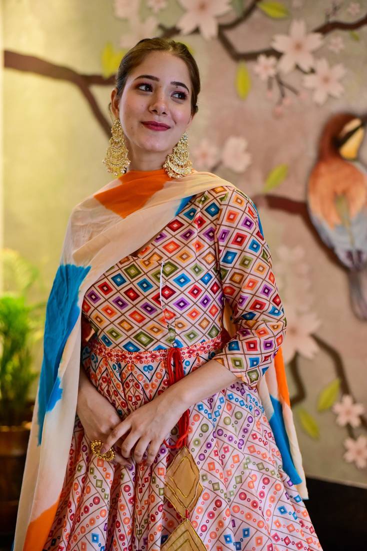 Off White with Multi Silk Cotton Designer Stitched Everywhere Suit With Dupatta Set