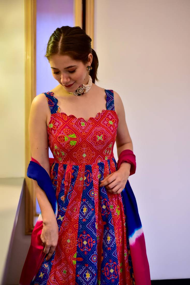 Red and Blue Silk Cotton Designer Stitched Everywhere Suit With Dupatta Set