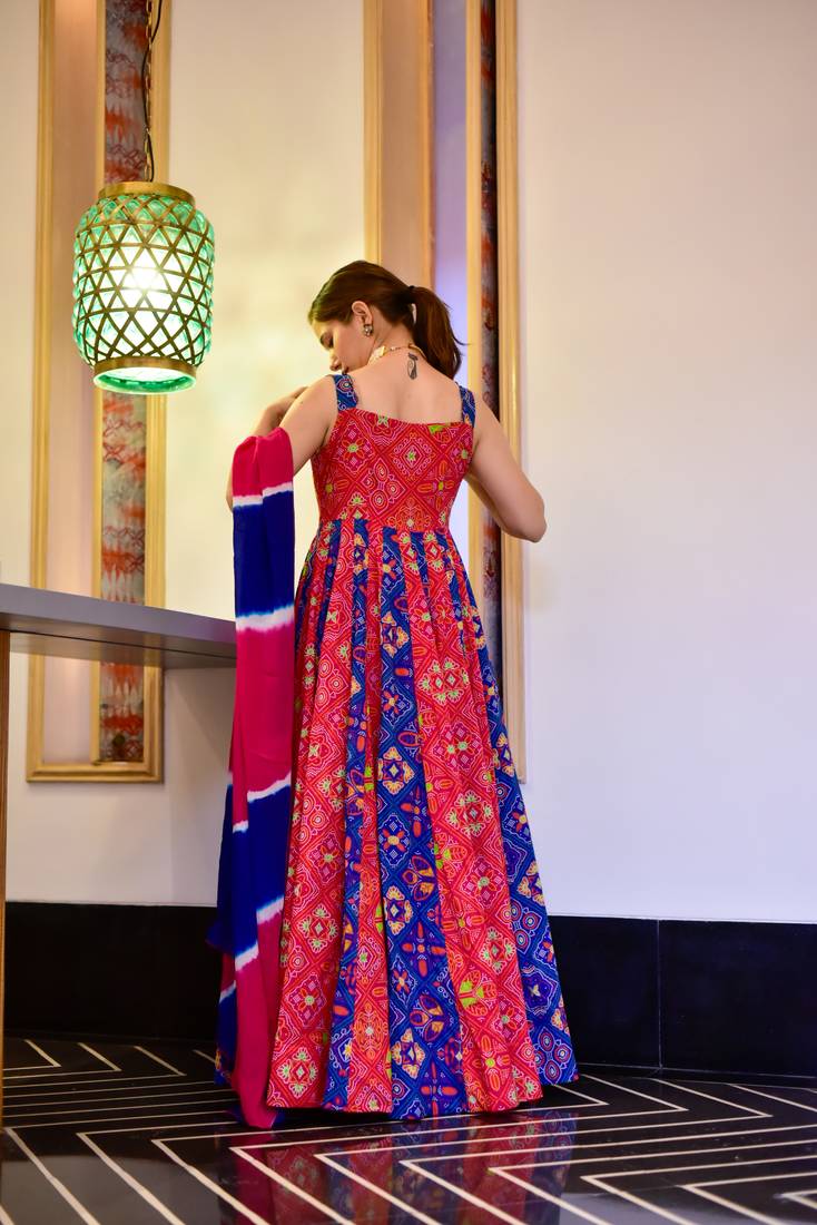 Red and Blue Silk Cotton Designer Stitched Everywhere Suit With Dupatta Set