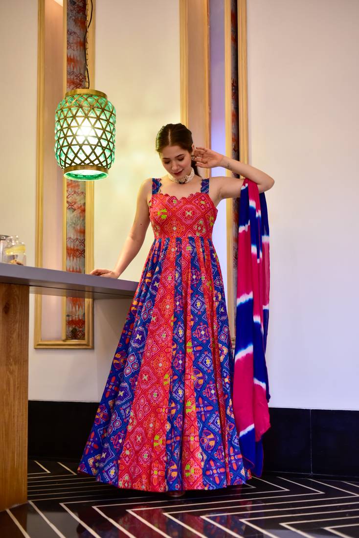 Red and Blue Silk Cotton Designer Stitched Everywhere Suit With Dupatta Set