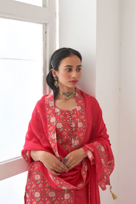 Red Muslin Fabric Designer Stitched Kurta, Palazzo with Dupatta Set 1