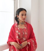 Red Muslin Fabric Designer Stitched Kurta, Palazzo with Dupatta Set