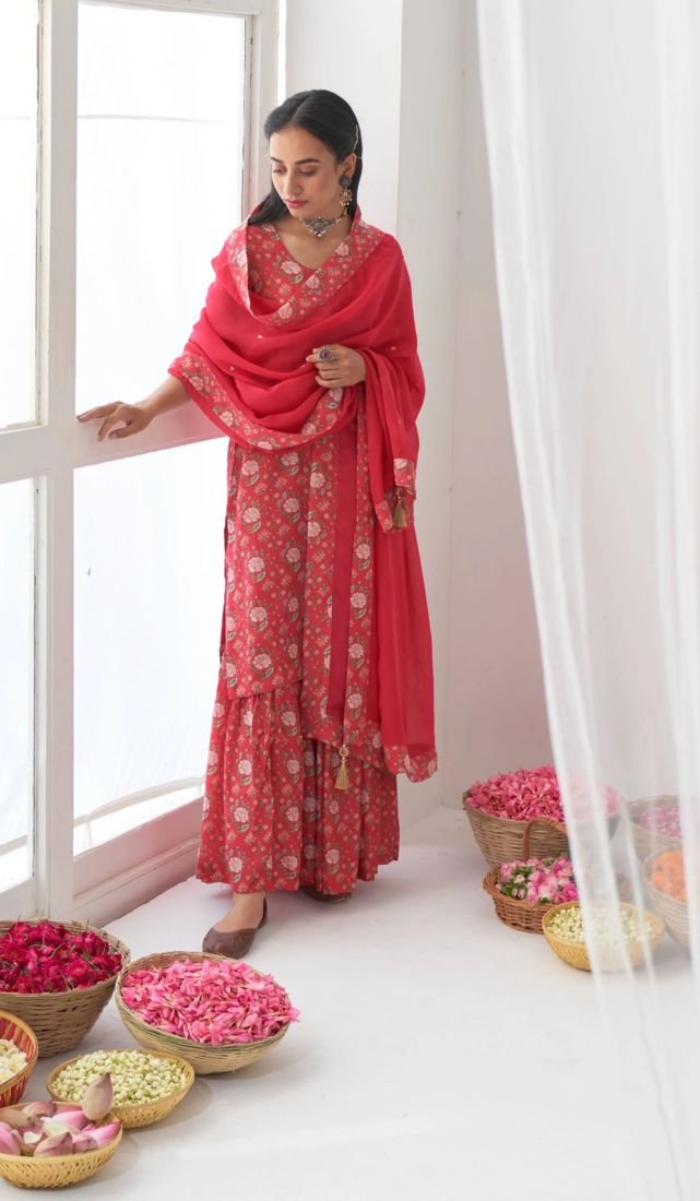 Red Muslin Fabric Designer Stitched Kurta, Palazzo with Dupatta Set