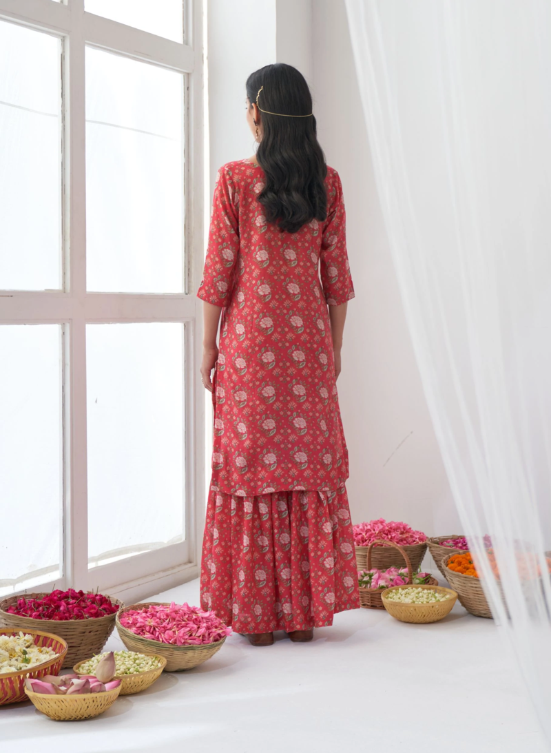 Red Muslin Fabric Designer Stitched Kurta, Palazzo with Dupatta Set