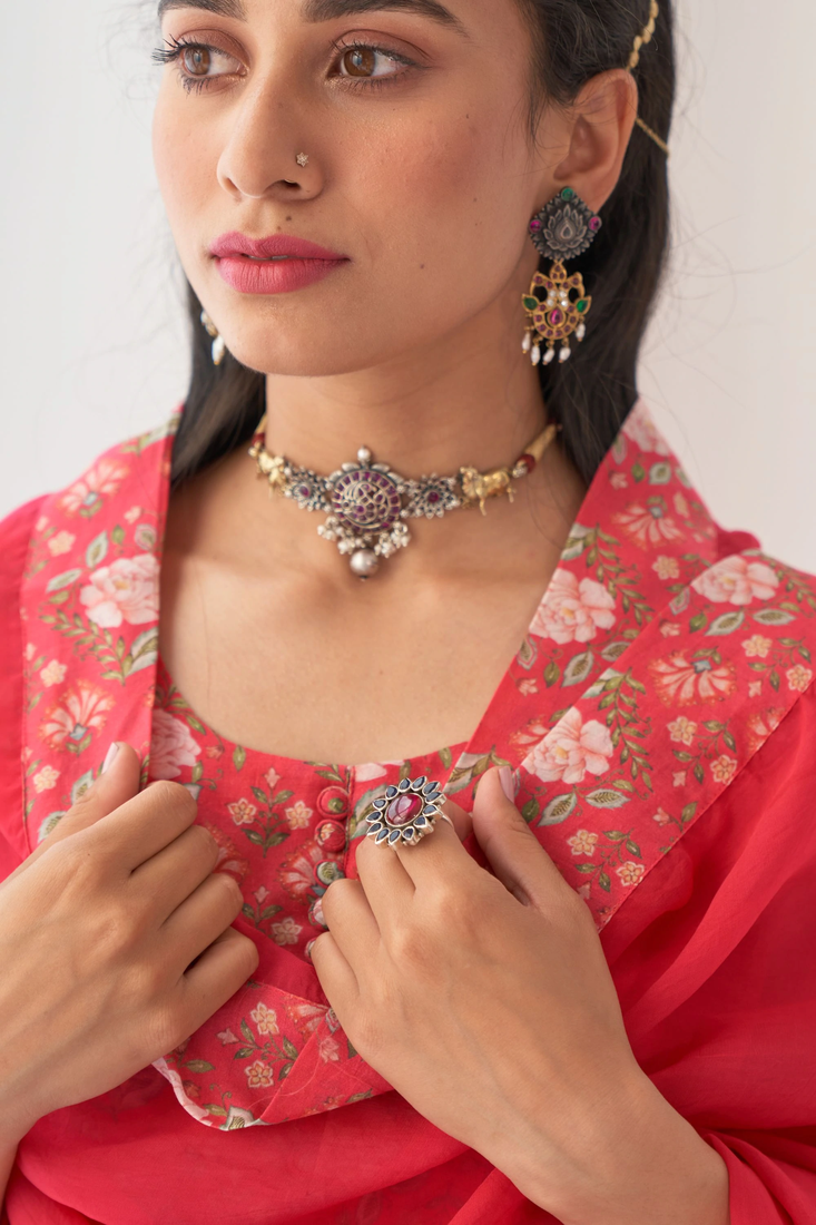 Red Muslin Fabric Designer Stitched Kurta, Palazzo with Dupatta Set