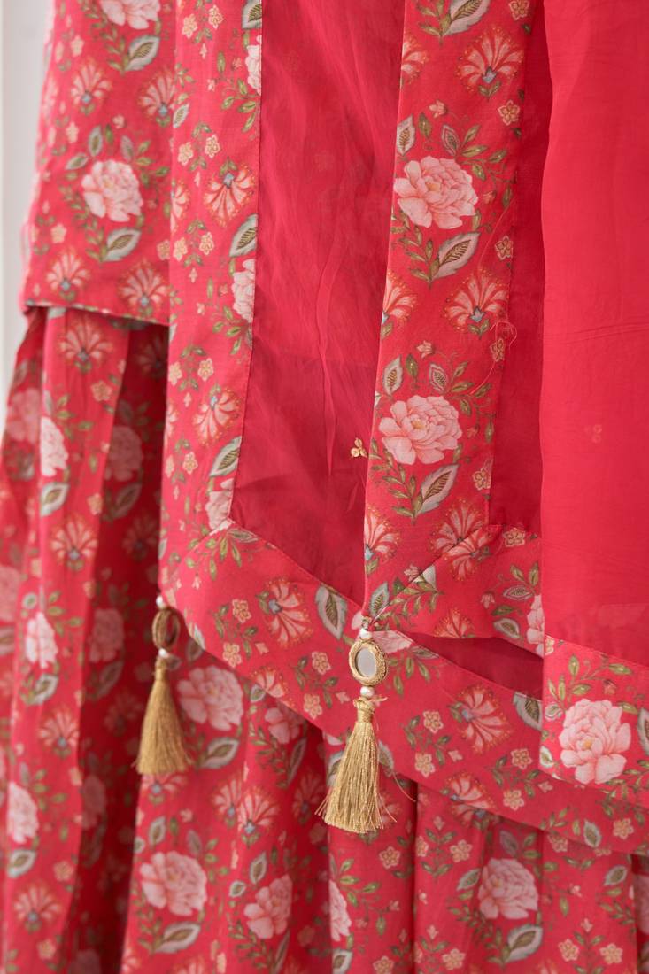 Red Muslin Fabric Designer Stitched Kurta, Palazzo with Dupatta Set