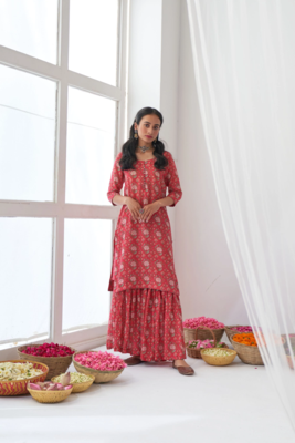Red Muslin Fabric Designer Stitched Kurta, Palazzo with Dupatta Set 6