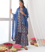 Blue Muslin Fabric Designer Stitched Kurta, Palazzo with Dupatta Set