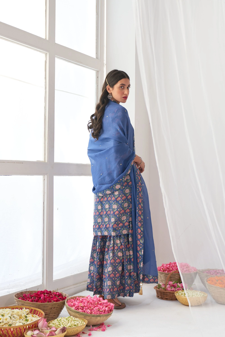 Blue Muslin Fabric Designer Stitched Kurta, Palazzo with Dupatta Set