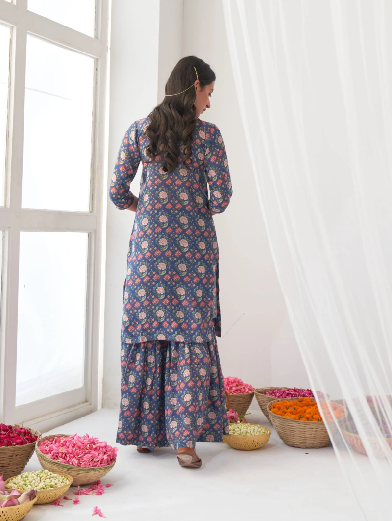 Blue Muslin Fabric Designer Stitched Kurta, Palazzo with Dupatta Set