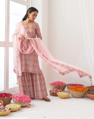 Pink Muslin Fabric Designer Stitched Kurta, Palazzo with Dupatta Set 1