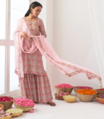 Pink Muslin Fabric Designer Stitched Kurta, Palazzo with Dupatta Set