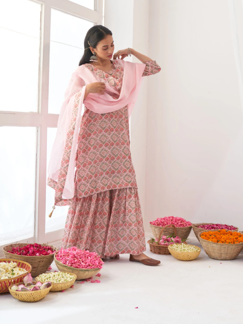 Pink Muslin Fabric Designer Stitched Kurta, Palazzo with Dupatta Set