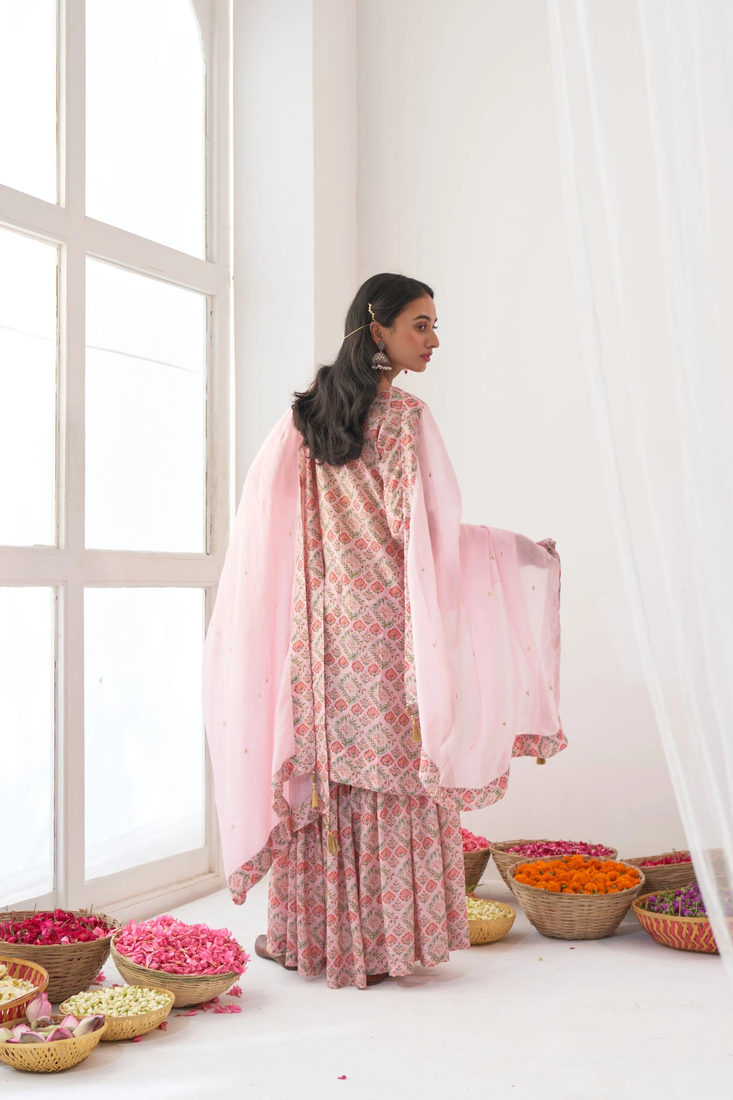 Pink Muslin Fabric Designer Stitched Kurta, Palazzo with Dupatta Set