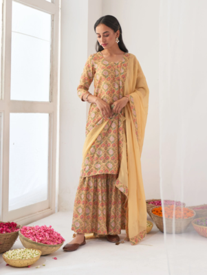 Yellow Muslin Fabric Designer Stitched Kurta, Palazzo with Dupatta Set 1
