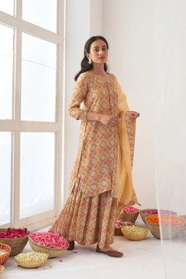 Yellow Muslin Fabric Designer Stitched Kurta, Palazzo with Dupatta Set 2