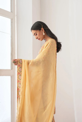 Yellow Muslin Fabric Designer Stitched Kurta, Palazzo with Dupatta Set 3