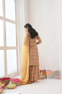 Yellow Muslin Fabric Designer Stitched Kurta, Palazzo with Dupatta Set 4