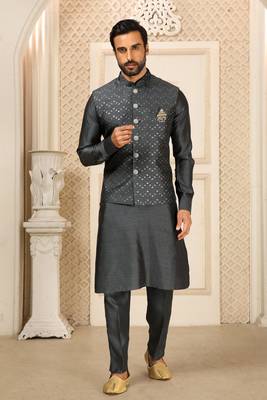 gray silk nehru jacket kurta set with sequins work 1