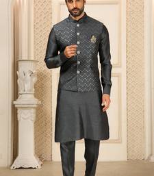 gray silk nehru jacket kurta set with sequins work
