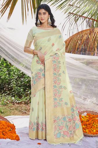 Sangam Prints Light Green Cotton Digital Print Traditional Tassels Saree