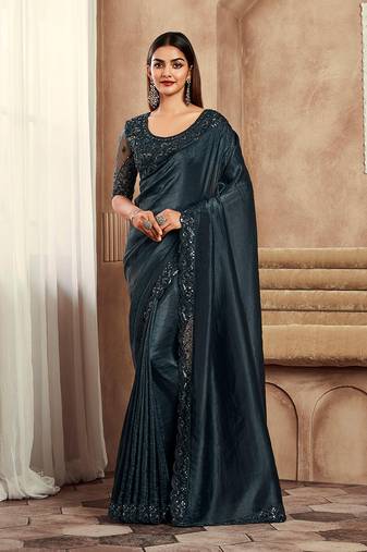 Dark Grey color soft silk party wear saree