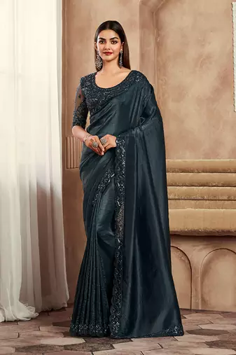 Dark Grey color soft silk party wear saree
