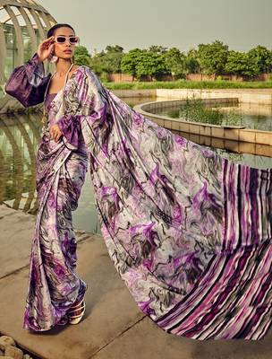 White & purple digital print satin saree 1