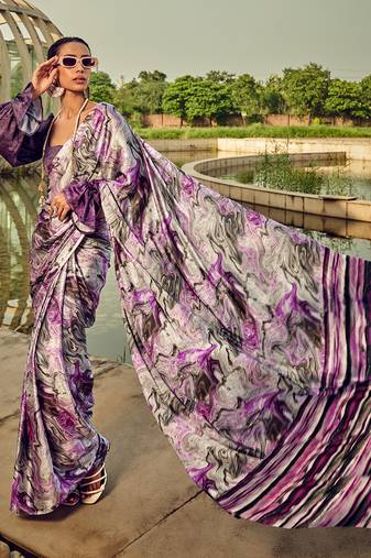 White & purple digital print satin saree