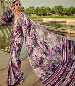 White & purple digital print satin saree